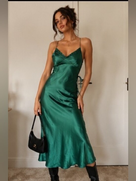 Japna Dresses & Skirts - JAPNA Y2K Emerald Satin Slip Dress with Delicate Straps